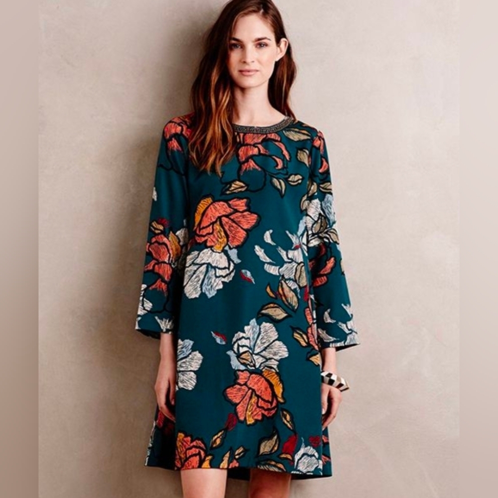 Maeve Anthropologie Mini Dress Green Peonies 3/4 Sleeve Small Beaded Neck Sz PS